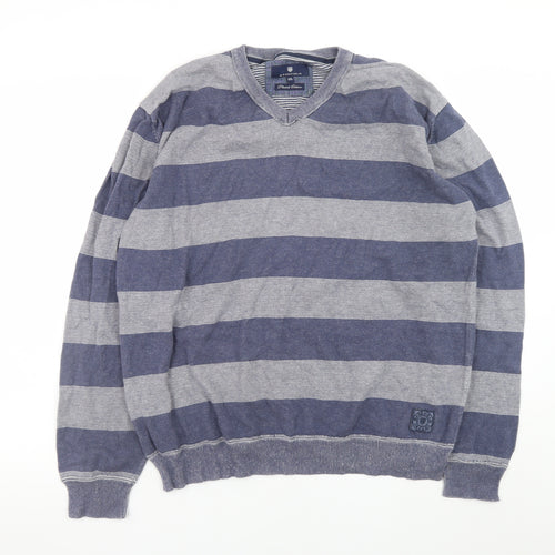 Basefield Men's Blue Striped V-Neck Cotton Jumper 2XL