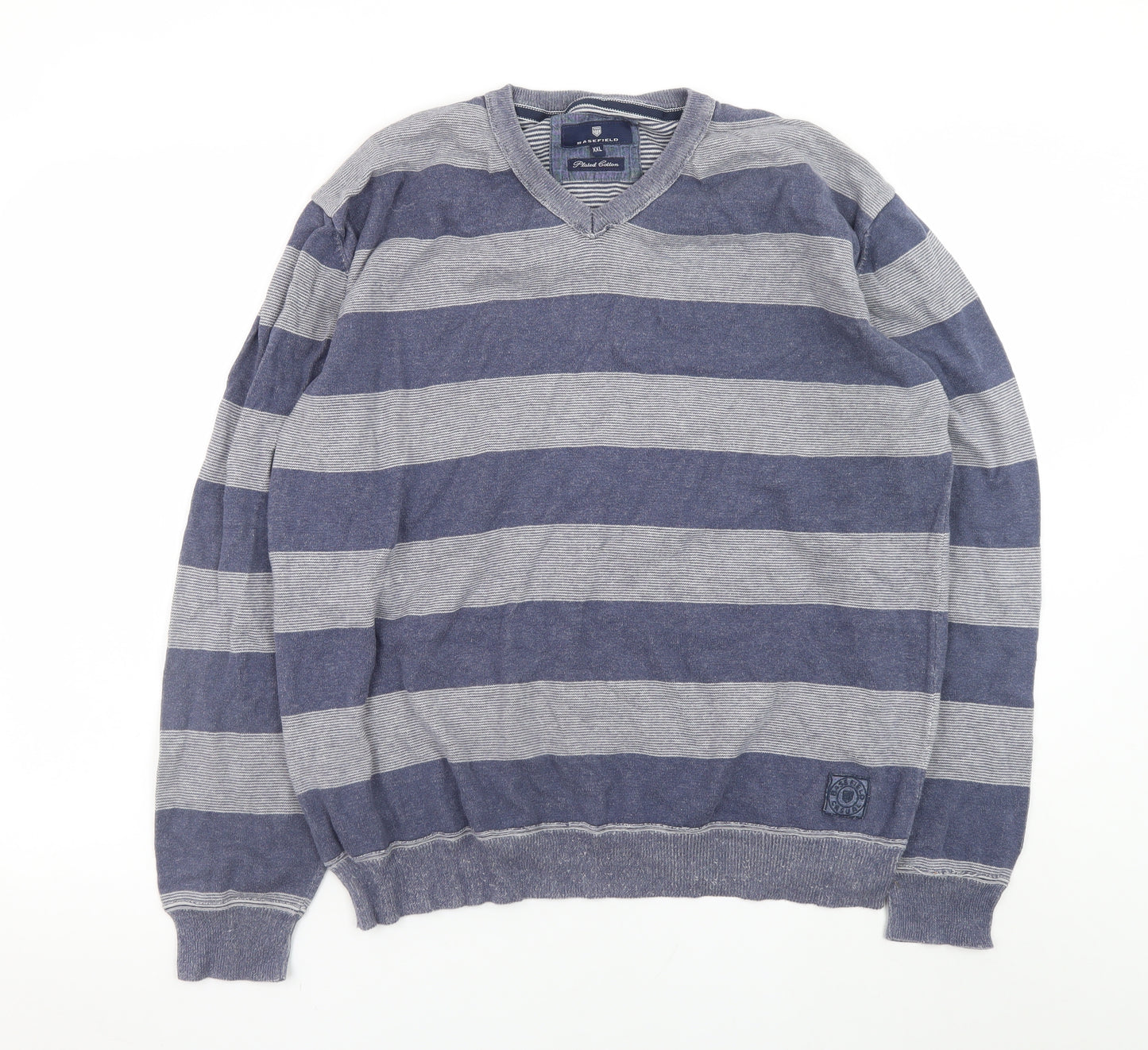 Basefield Men's Blue Striped V-Neck Cotton Jumper 2XL