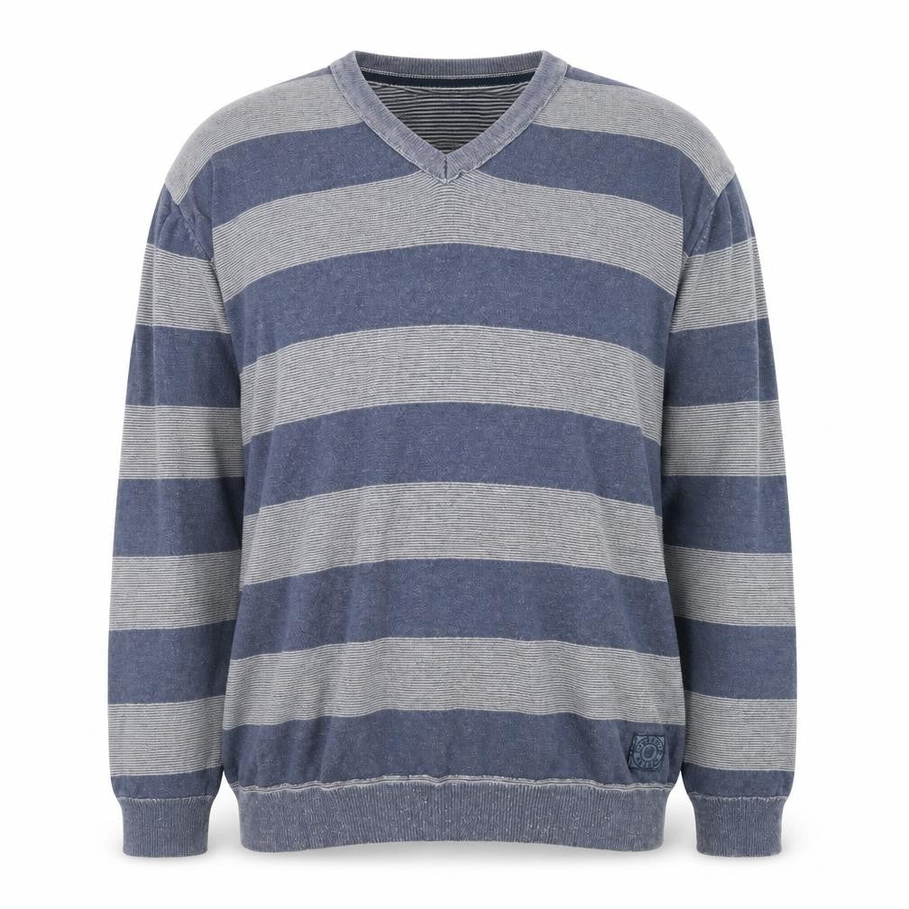 Front view of Basefield Men's Blue Striped V-Neck Cotton Jumper 2XL