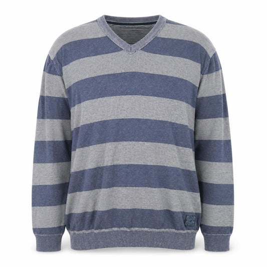 Front view of Basefield Men's Blue Striped V-Neck Cotton Jumper 2XL