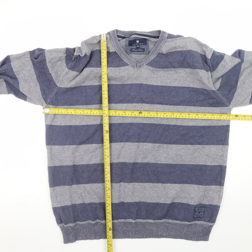 Basefield Men's Blue Striped V-Neck Cotton Jumper 2XL