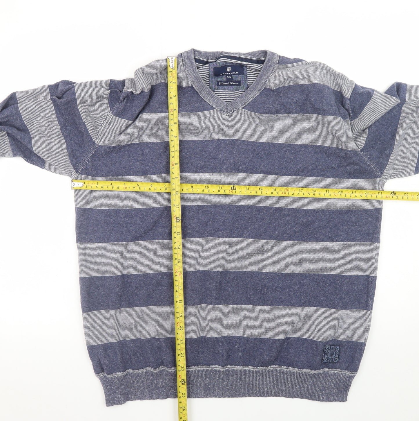 Basefield Men's Blue Striped V-Neck Cotton Jumper 2XL