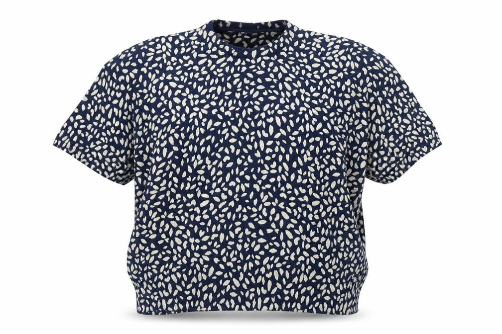 Front view of Marks & Spencer women’s blue ivory patterned short sleeve jersey top, size UK 18