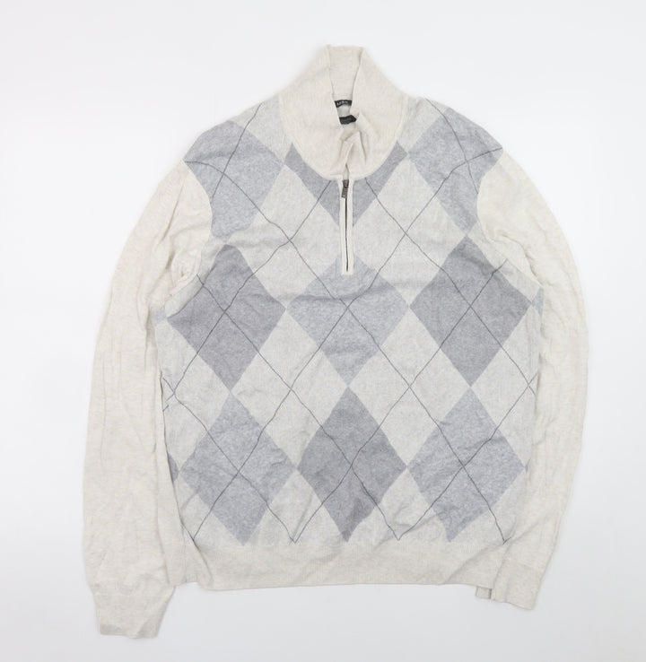 Marks and Spencer Men’s Grey Argyle 1/2 Zip Cotton Jumper Size L
