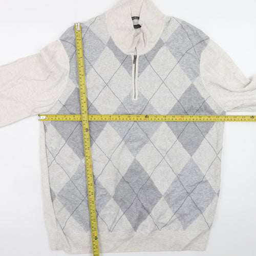 Marks and Spencer Men’s Grey Argyle 1/2 Zip Cotton Jumper Size L