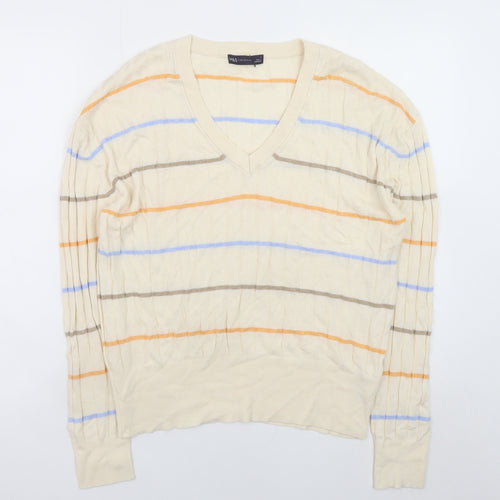 Marks and Spencer Women’s Beige Striped V-Neck Knit Pullover Jumper Size L