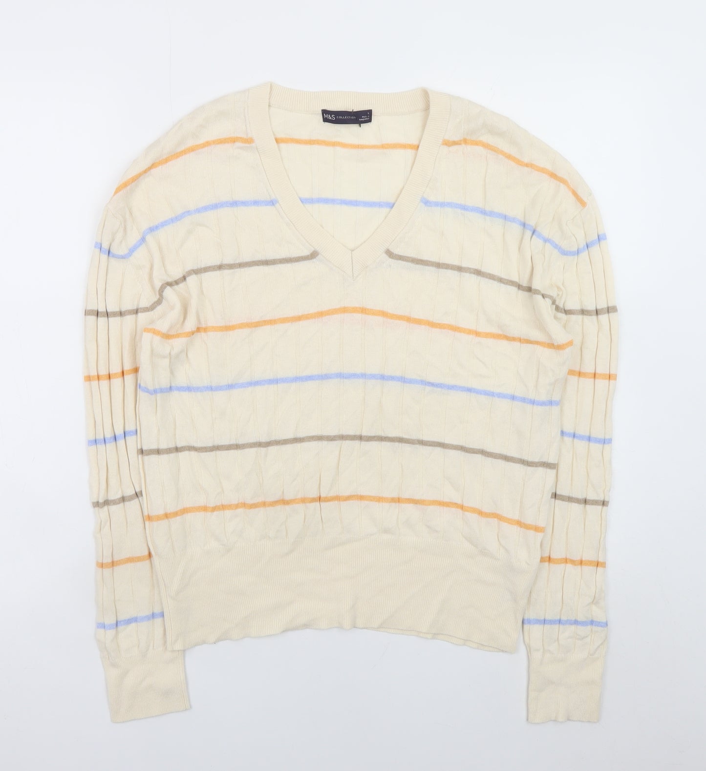 Marks and Spencer Women’s Beige Striped V-Neck Knit Pullover Jumper Size L
