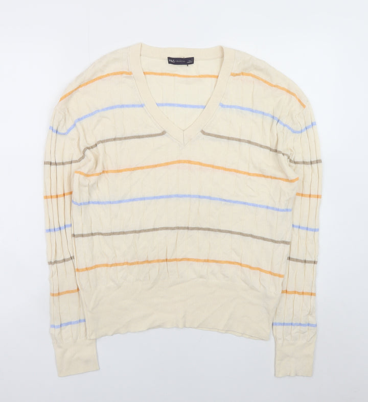 Marks and Spencer Women’s Beige Striped V-Neck Knit Pullover Jumper Size L