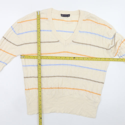 Marks and Spencer Women’s Beige Striped V-Neck Knit Pullover Jumper Size L