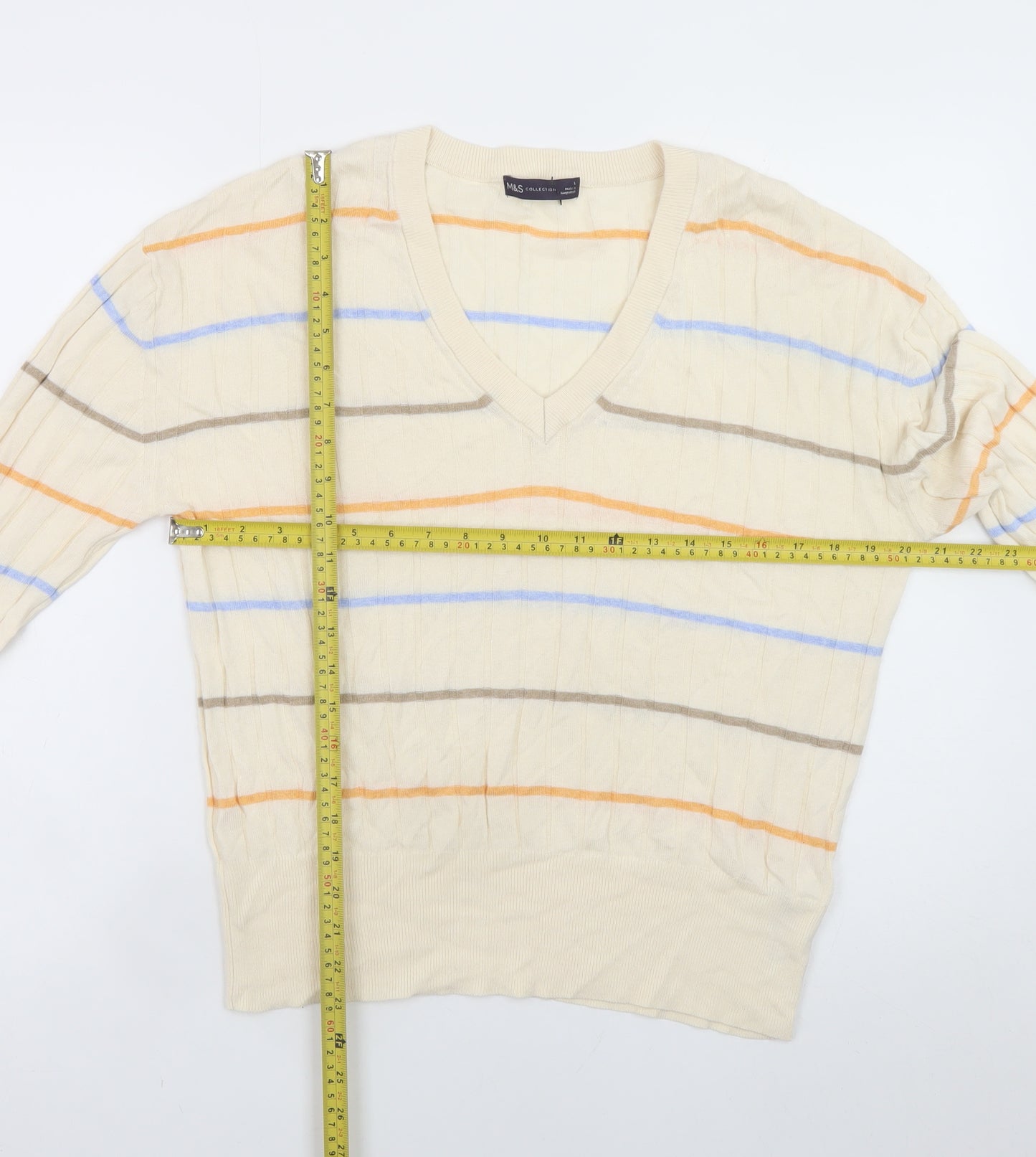 Marks and Spencer Women’s Beige Striped V-Neck Knit Pullover Jumper Size L