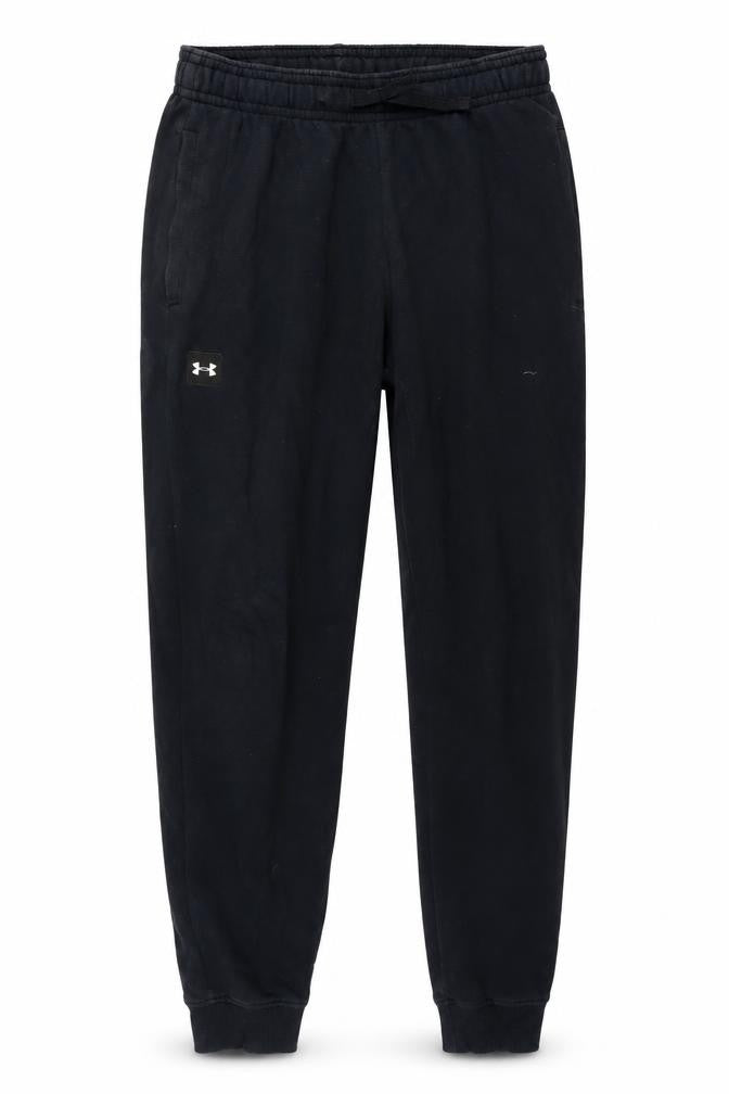 Front view of Under Armour men’s black jogger trousers, size M, relaxed fit