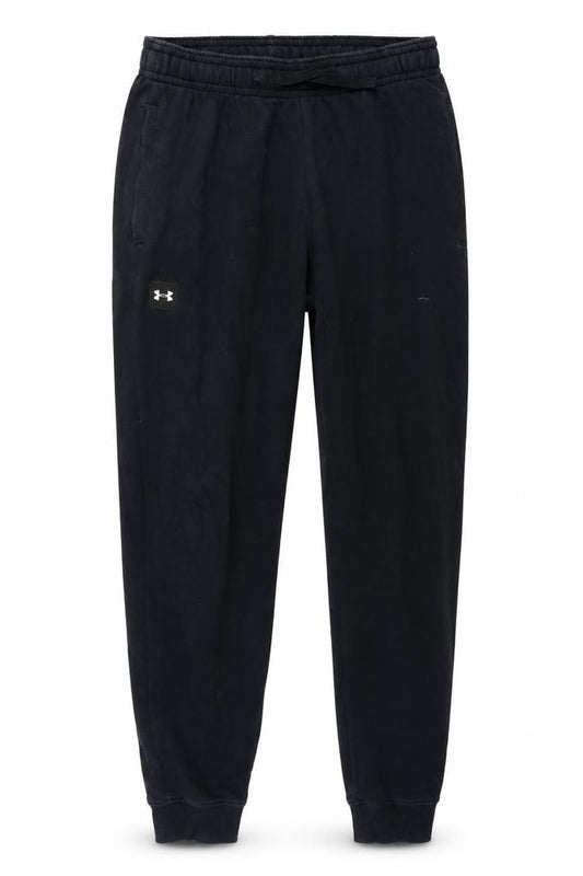 Front view of Under Armour men’s black jogger trousers, size M, relaxed fit