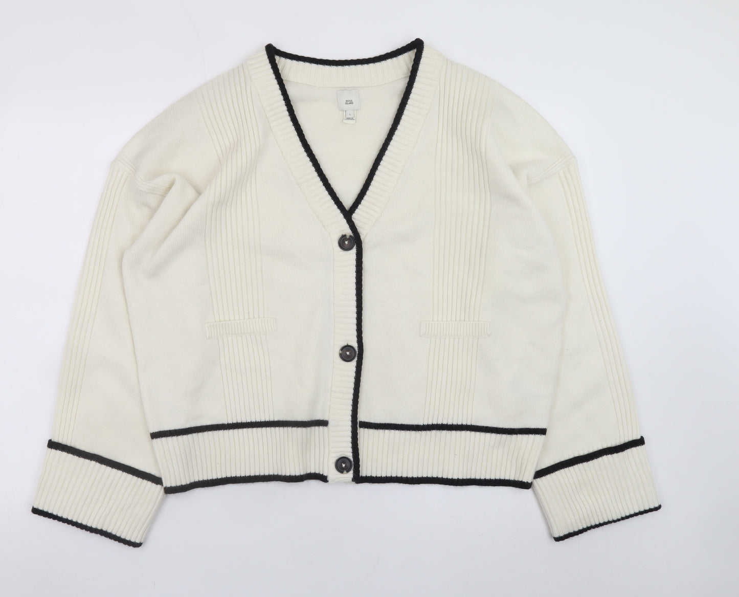 River Island Women Ivory L V-Neck Button Cardigan Knit Jumper