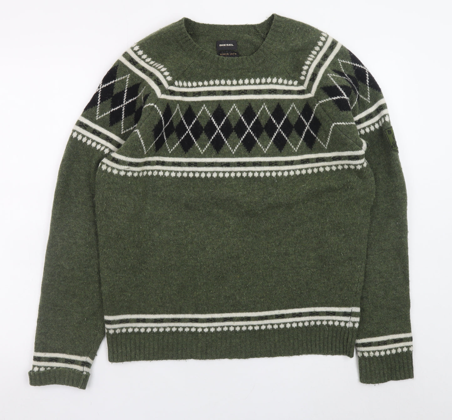 Diesel Men's Green Argyle Wool Pullover Jumper Size M