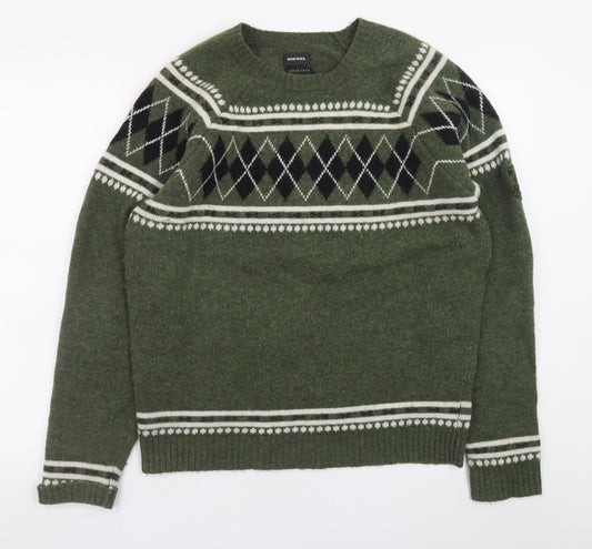 Diesel Men's Green Argyle Wool Pullover Jumper Size M