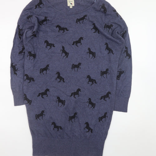 Yumi Women Blue Horse Knit Shift Dress UK12 3/4 Sleeve Casual