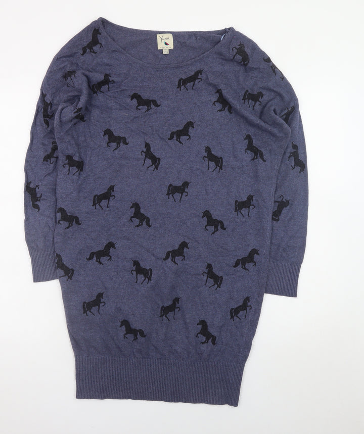 Yumi Women Blue Horse Knit Shift Dress UK12 3/4 Sleeve Casual