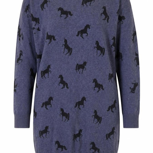 Yumi Women Blue Horse Knit Shift Dress UK12 3/4 Sleeve Casual