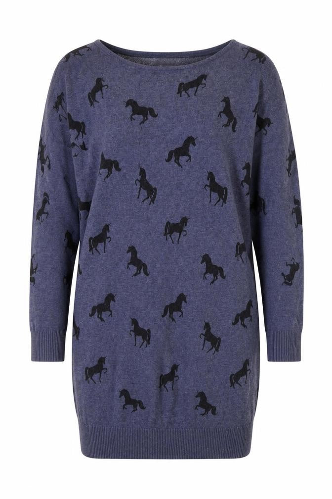 Yumi Women Blue Horse Knit Shift Dress UK12 3/4 Sleeve Casual