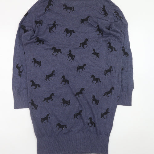 Yumi Women Blue Horse Knit Shift Dress UK12 3/4 Sleeve Casual