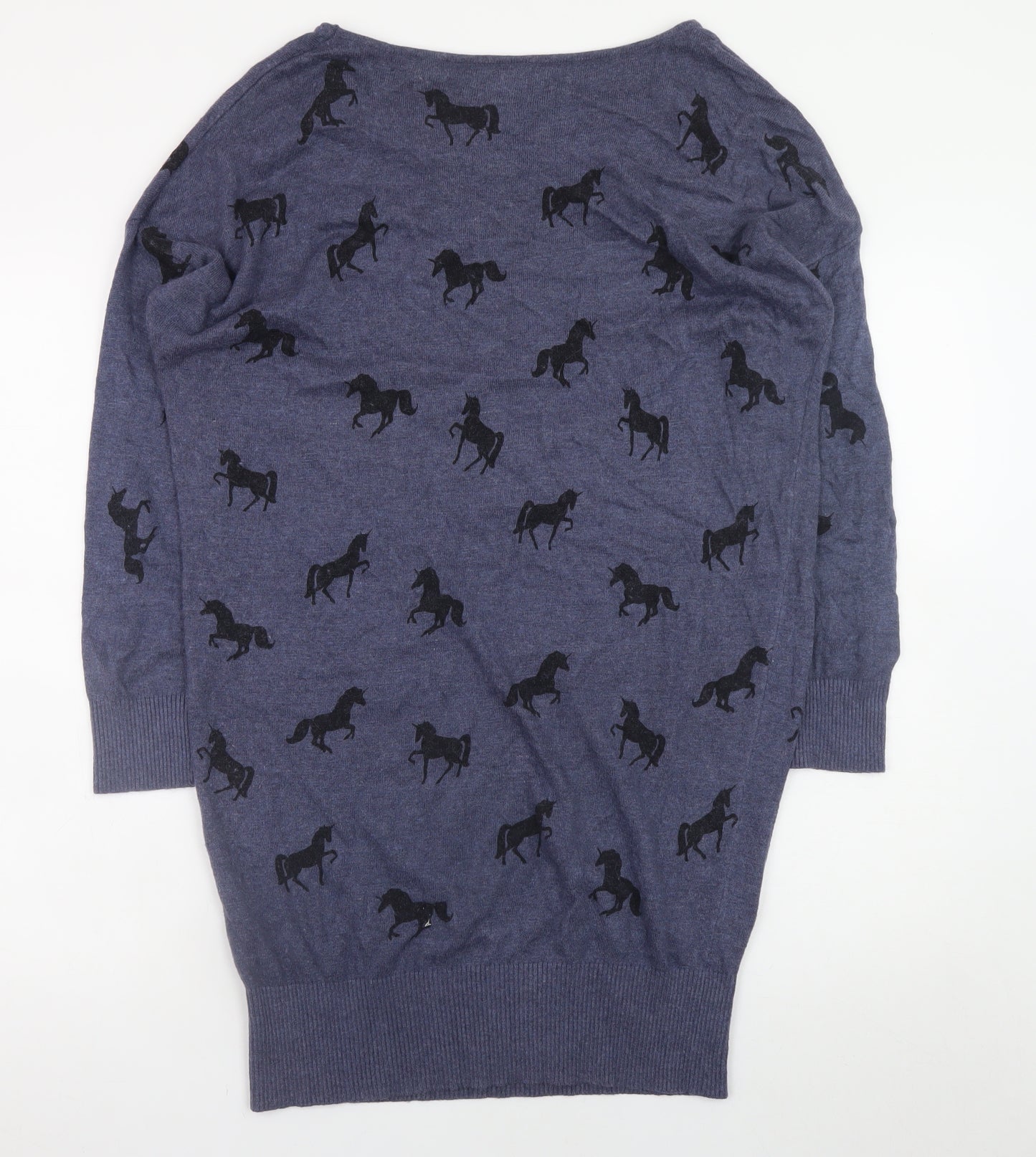 Yumi Women Blue Horse Knit Shift Dress UK12 3/4 Sleeve Casual