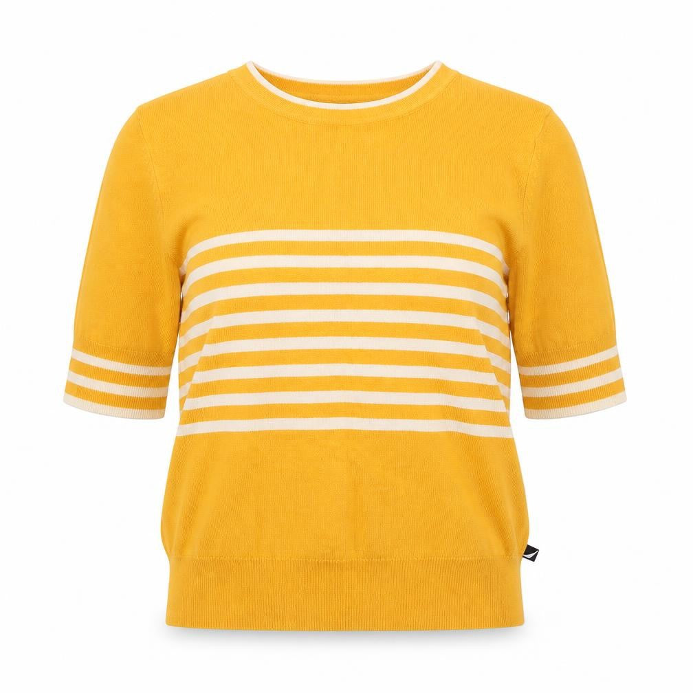 Front view of Nautica Jeans Women's Yellow Striped Knit jumper, size S