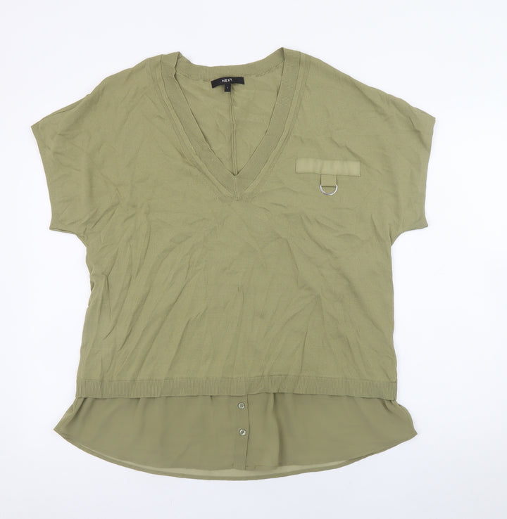 Next Women Green Tunic Blouse L V-Neck Short Sleeve