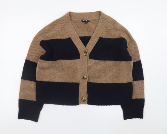 Whistles Women Brown Black Striped Wool Blend Cardigan Size S