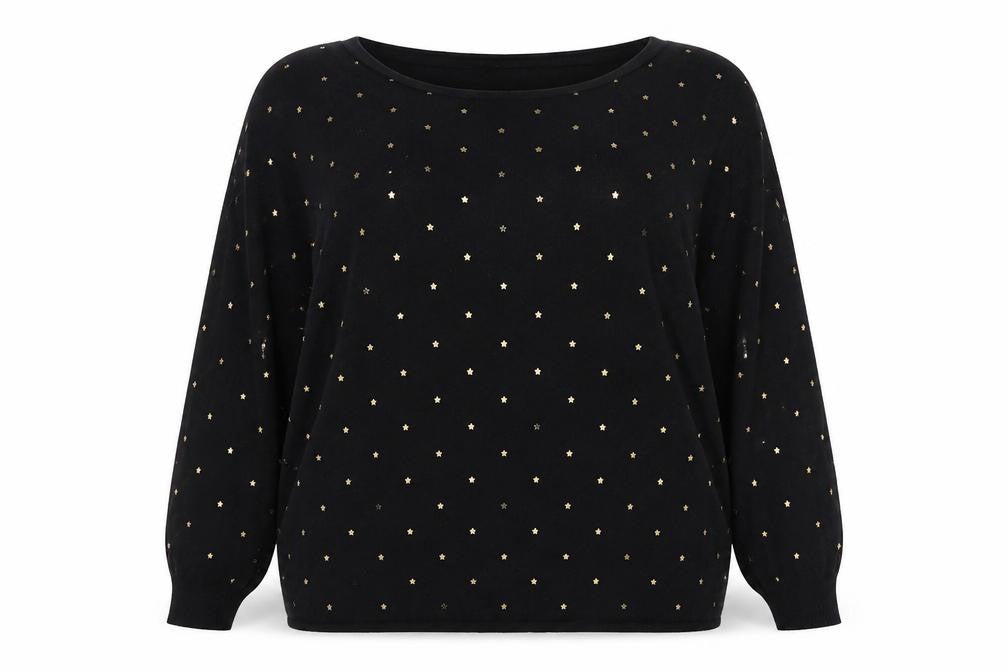 Front view of Principles Women Black Gold Studded Batwing Jumper, size 16