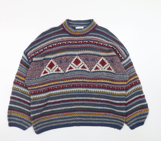 Pull&Bear Men's Multicoloured Geometric Knit Pullover Jumper Size S