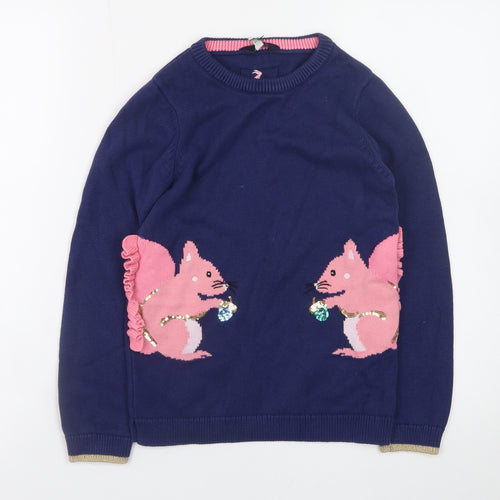 Joules Girls Blue 9-10 Years Pullover Jumper with Pink Squirrel Design