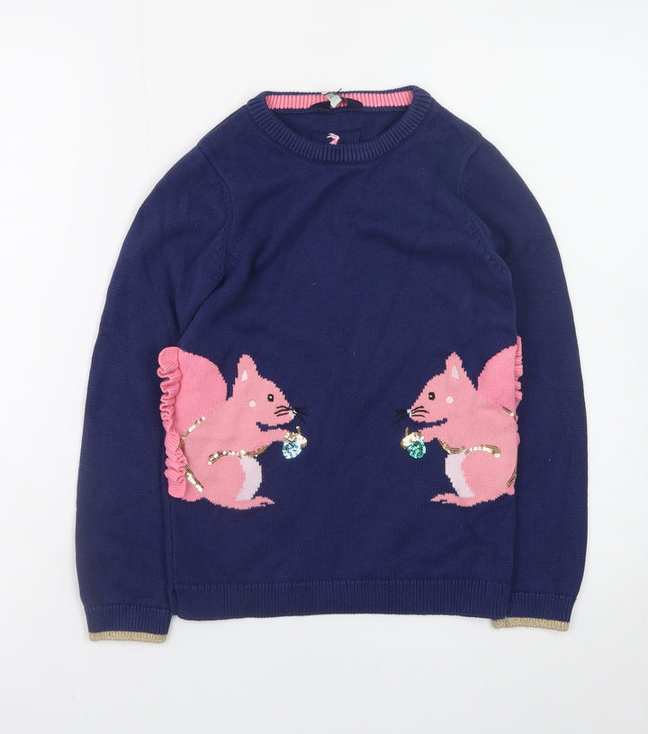 Joules Girls Blue 9-10 Years Pullover Jumper with Pink Squirrel Design