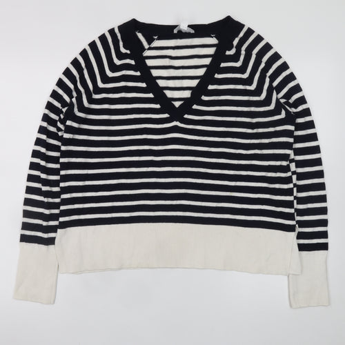 The White Company Women Black White Striped V-Neck Jumper Size 12