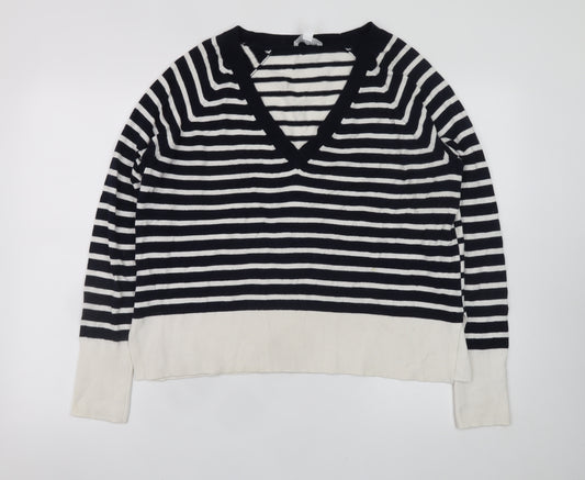 The White Company Women Black White Striped V-Neck Jumper Size 12