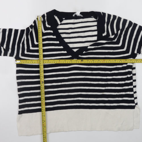 The White Company Women Black White Striped V-Neck Jumper Size 12