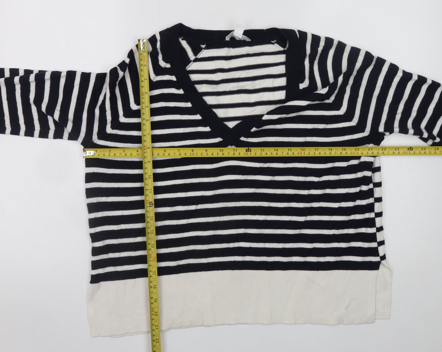 The White Company Women Black White Striped V-Neck Jumper Size 12