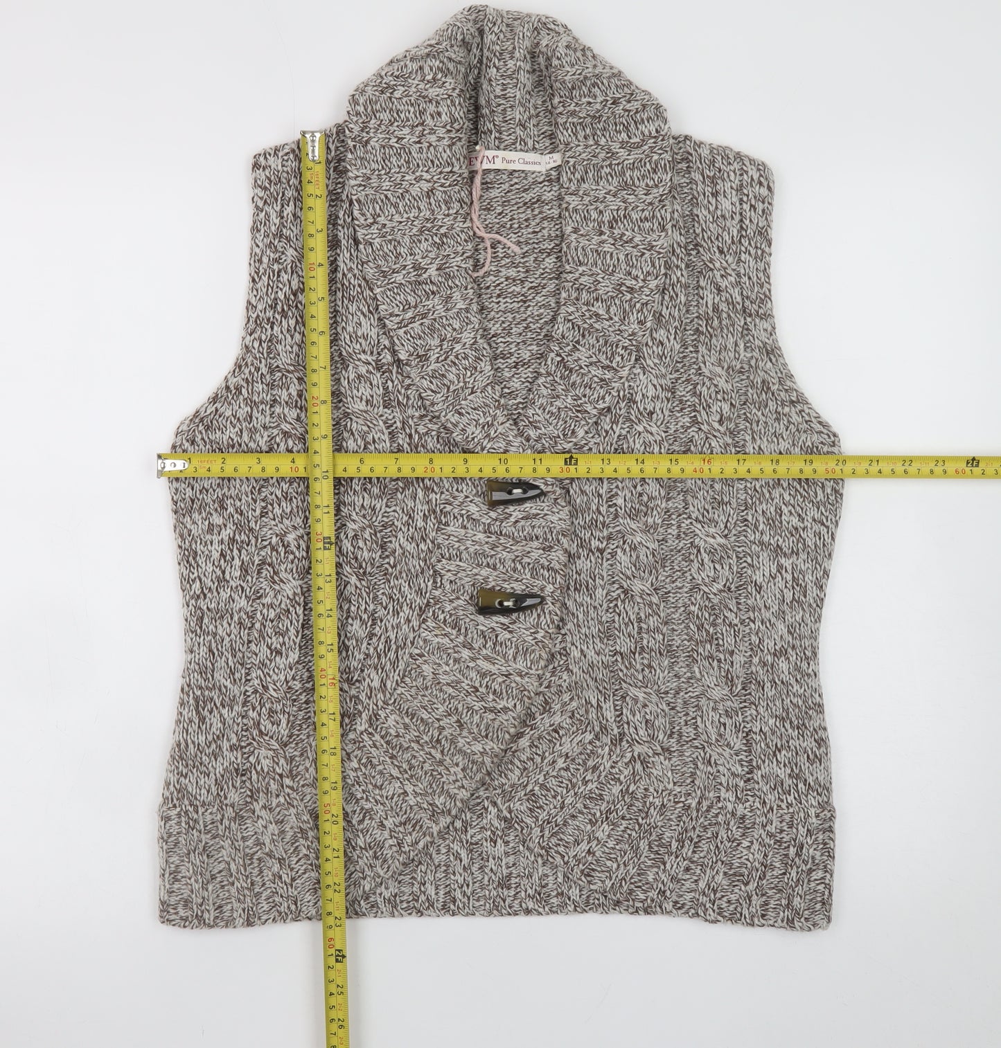EWM Women's Beige Cable-Knit Sleeveless Vest M 14-16 Open Cardigan