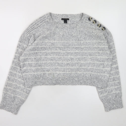 River Island Womens Grey Striped Knit Button Shoulder Jumper M