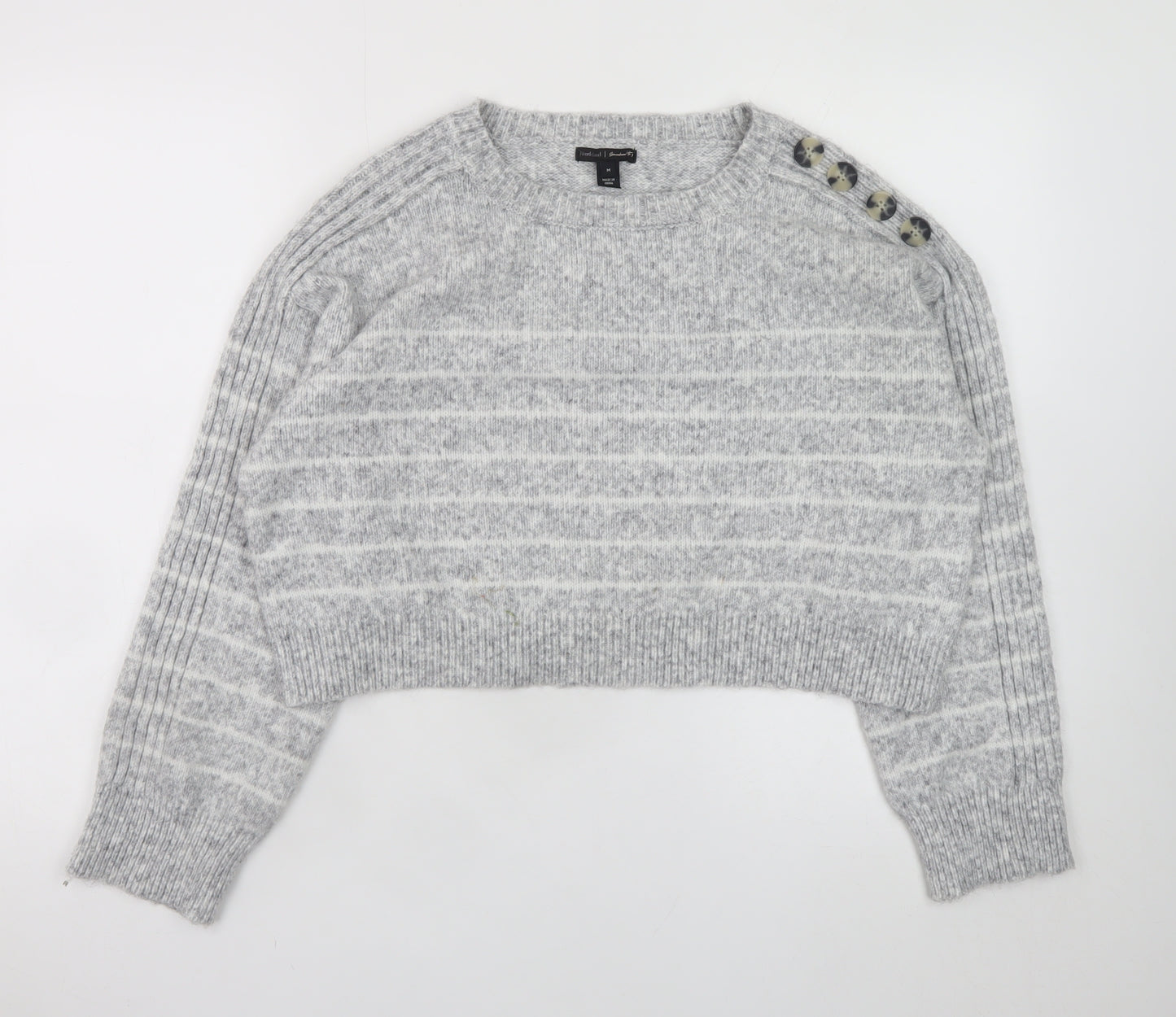 River Island Womens Grey Striped Knit Button Shoulder Jumper M