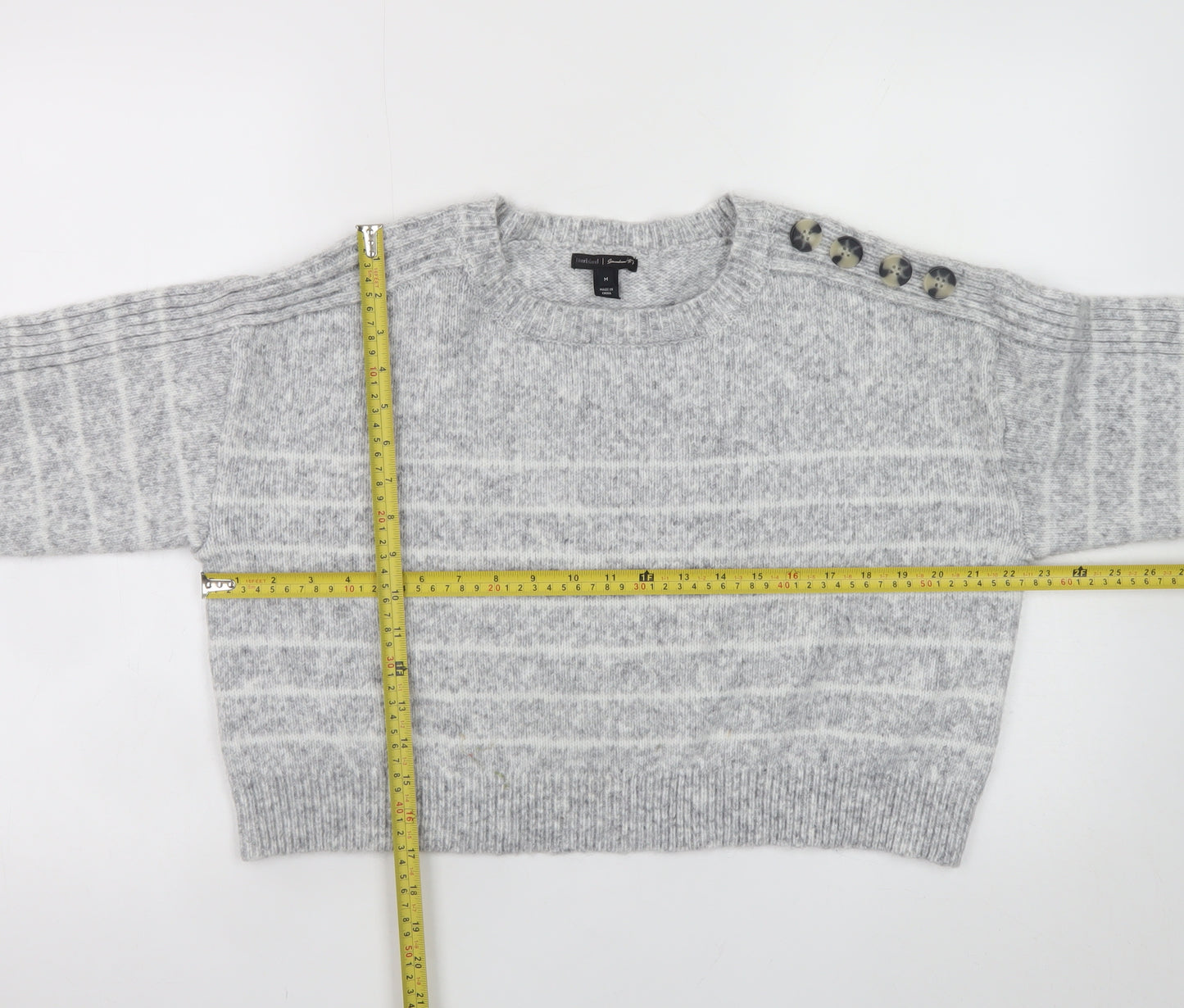 River Island Womens Grey Striped Knit Button Shoulder Jumper M