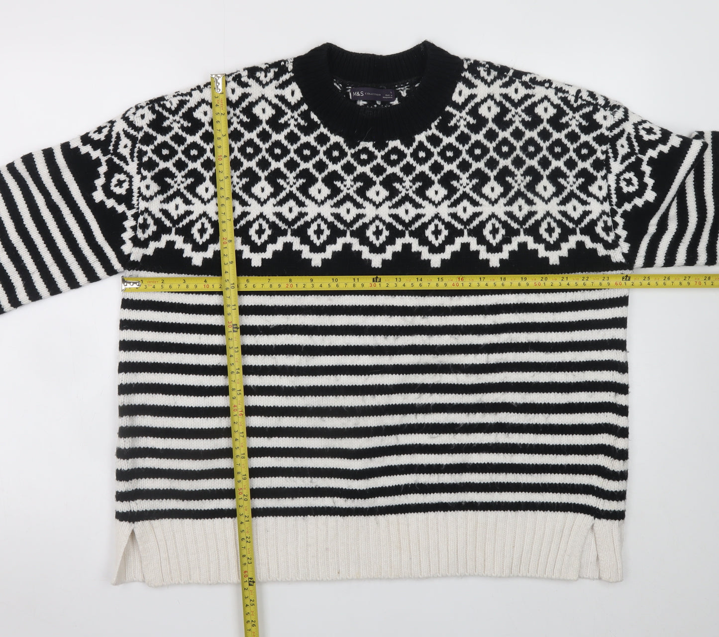Marks and Spencer Women Black & White Fair Isle Knit Jumper L