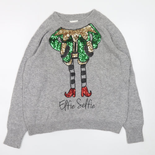 H&M Women’s Grey Elfie Selfie Sequin Christmas Jumper Size 12