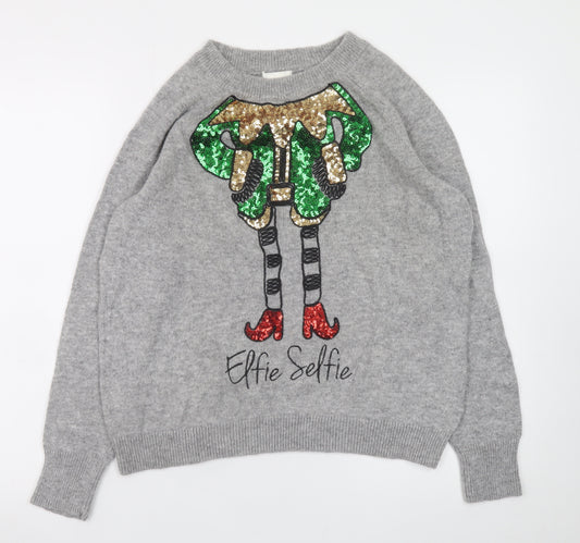 H&M Women’s Grey Elfie Selfie Sequin Christmas Jumper Size 12