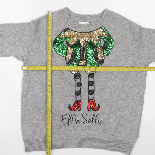 H&M Women’s Grey Elfie Selfie Sequin Christmas Jumper Size 12