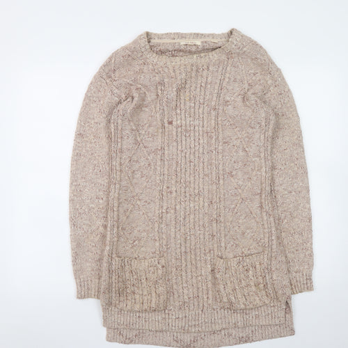 Fat Face Women Beige Knit Jumper Dress Size 8 Long Sleeve Casual Wool Blend