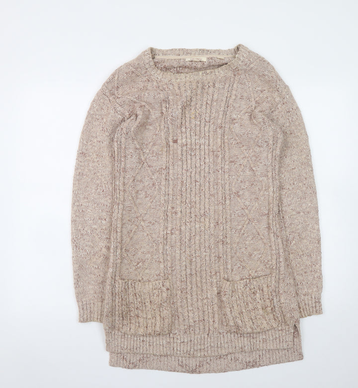 Fat Face Women Beige Knit Jumper Dress Size 8 Long Sleeve Casual Wool Blend