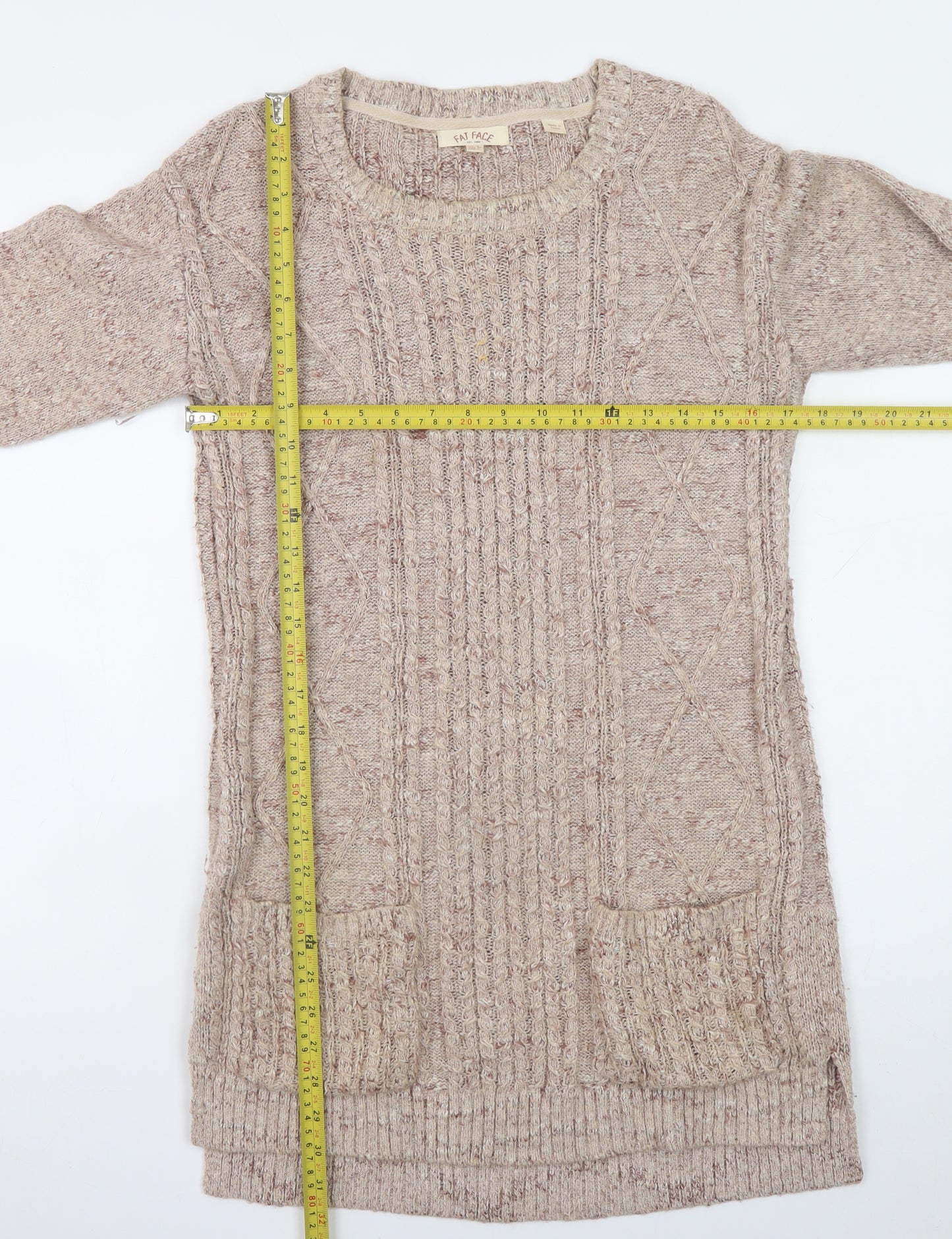 Fat Face Women Beige Knit Jumper Dress Size 8 Long Sleeve Casual Wool Blend