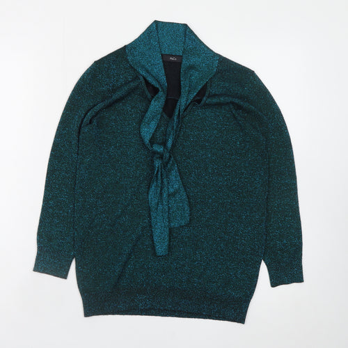 M&Co Women's Green Size 10 V-Neck Bow Glitter Pullover Jumper