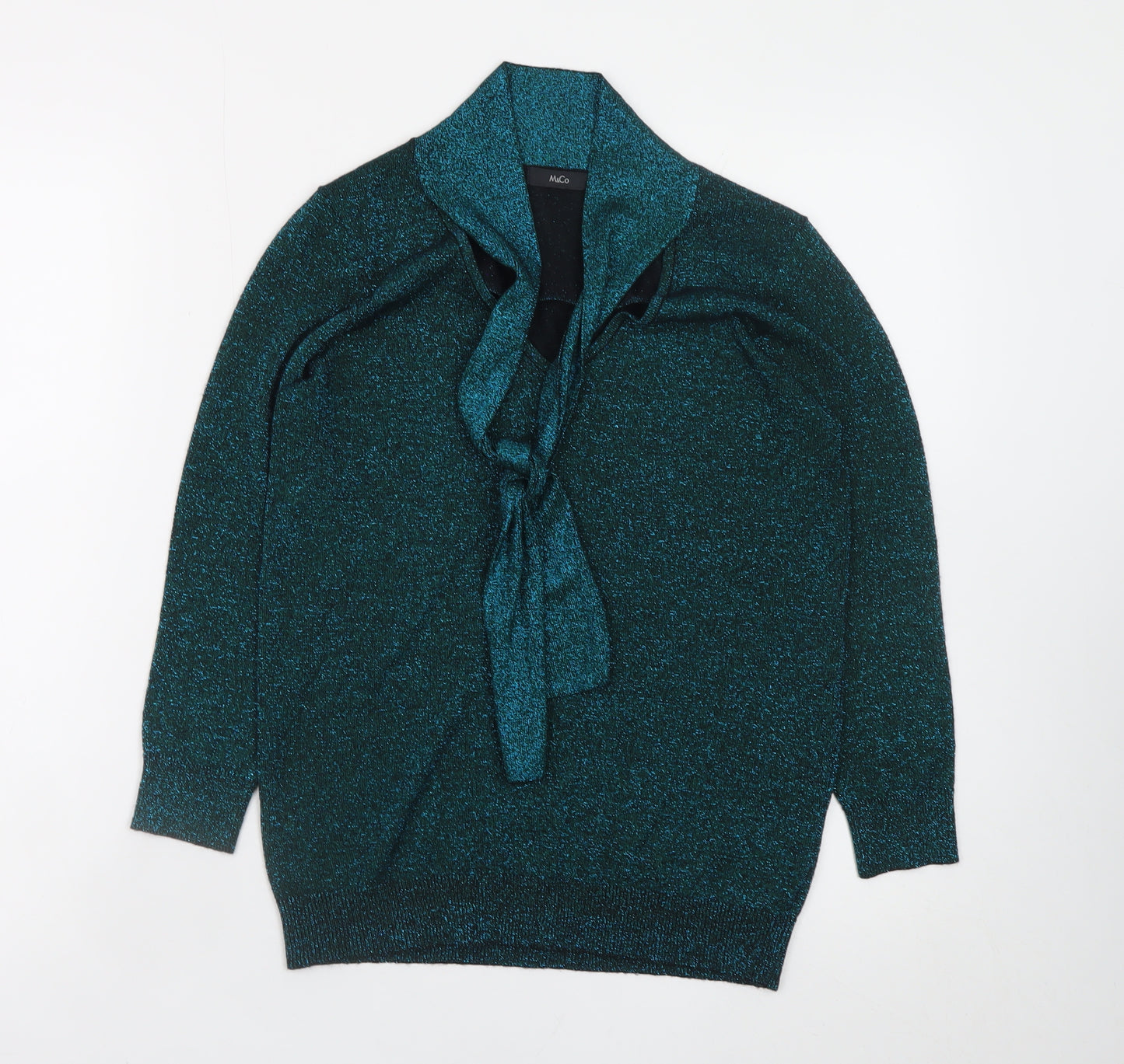 M&Co Women's Green Size 10 V-Neck Bow Glitter Pullover Jumper