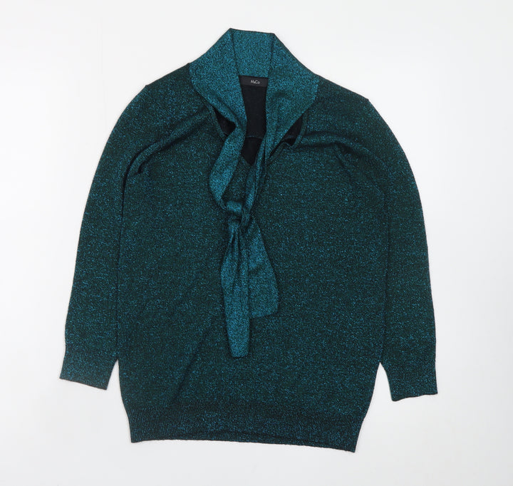 M&Co Women's Green Size 10 V-Neck Bow Glitter Pullover Jumper
